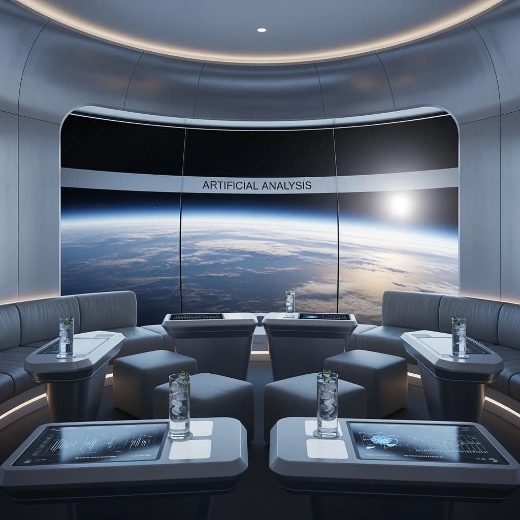 The orbital lounge has brushed aluminum walls and pale leather banquettes. Low white tables are inset with glowing touchscreens. Drinks are clear, flavorless, in tall unmarked glasses. The viewport is floor-to-ceiling, showing Earth moving slowly beneath. The word Artificial Analysis is etched discreetly on the glass in a frosted band.