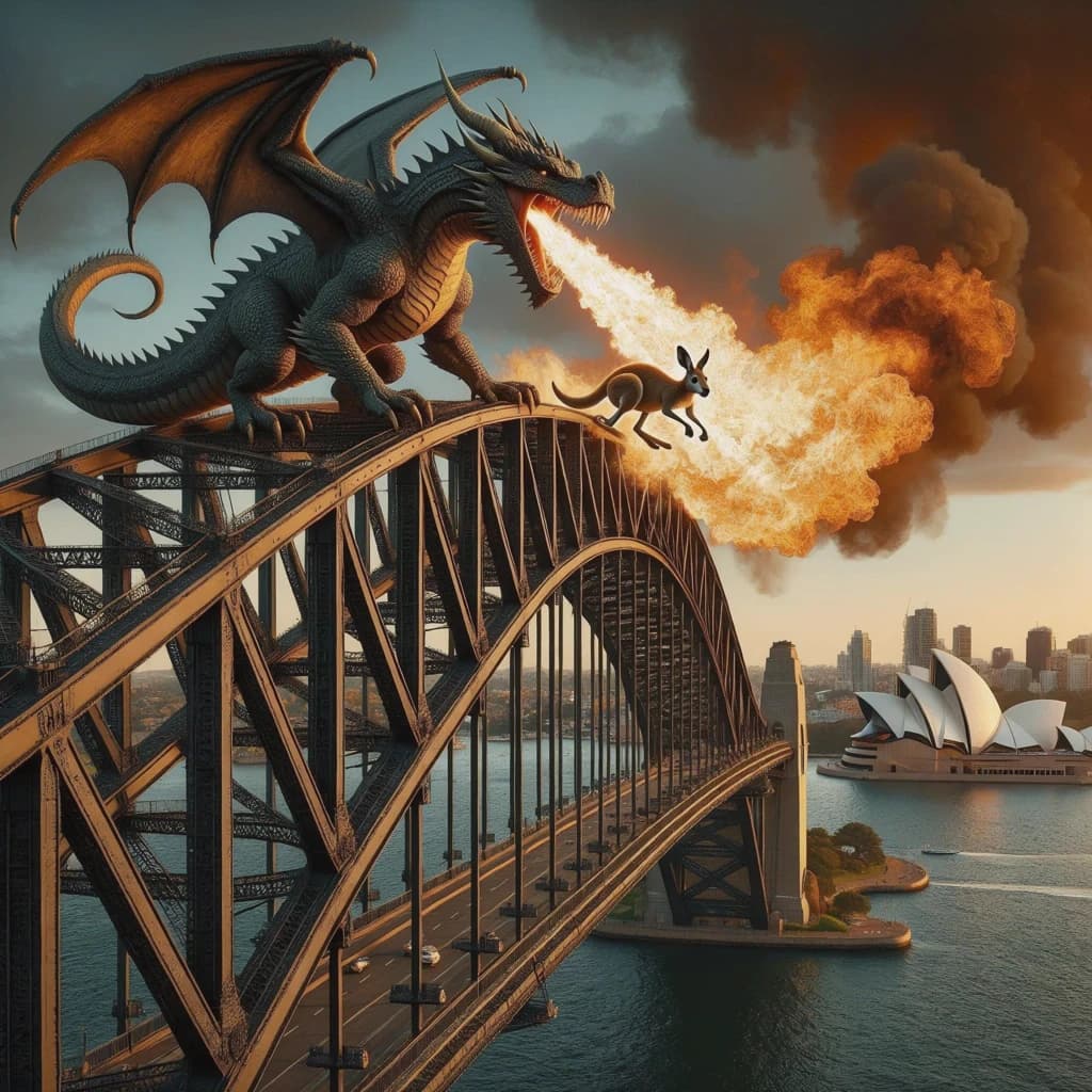 A dragon breathes fire at a kangaroo that is running away by climbing over the top of the Sydney Harbour Bridge. Opera House visible in the background.