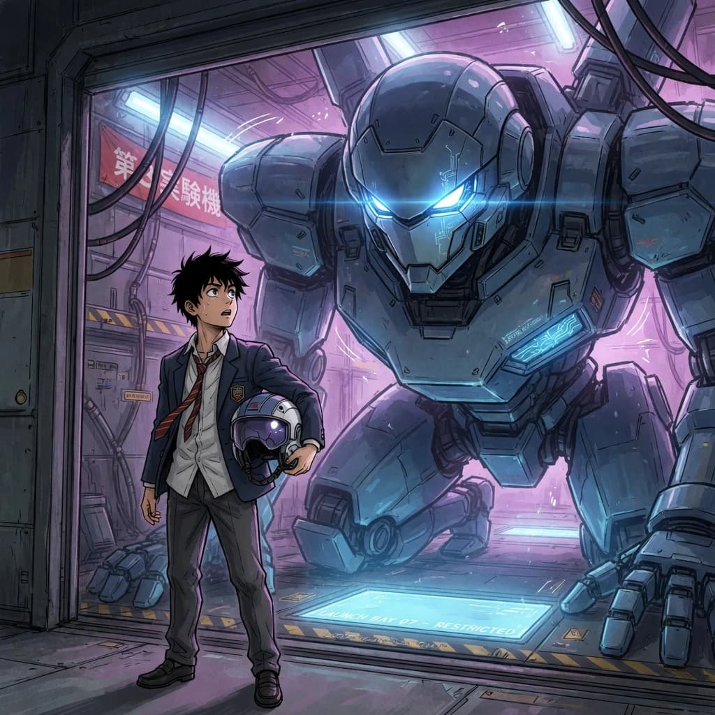 A teenage pilot grips his helmet under one arm, standing at the edge of a glowing hangar bay. Before him looms a sleek, steel-blue mech, its eyes lit with a cold electric glare. His school uniform is rumpled, a sharp contrast to the machine’s flawless plating. The vast scale engulfs him in shadow, emphasizing both awe and dread. Hand-drawn anime style.