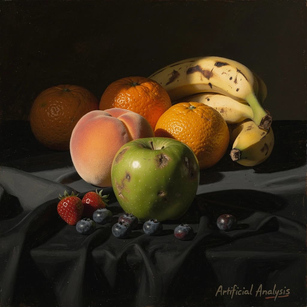 A still life scene painted oil on canvas, comprising various fruits on a black table cloth with striking lighting coming from the right out of frame, creating strong shadows. A bruised green apple is in the foreground, a peach behind it, and behind that a melange of oranges and bananas in various states of ripeness. Berries are strewn in front of the apple. The artist has signed his name "Artificial Analysis" in the bottom right corner in a hurried fashion.