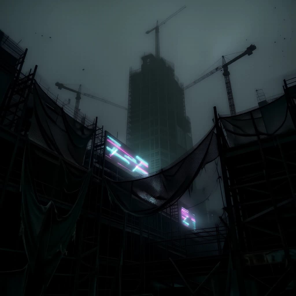 A construction site stretched upward into fog, cranes frozen in silhouette. Wind rattled scaffolding draped with torn mesh that glowed faintly from nearby billboards