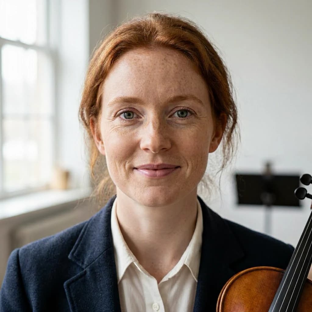 Capture a head-and-shoulders portrait of a freckled red-haired violinist in a navy blazer, soft window light, 85mm at f/1.8, gently smiling yet serious eyes, muted tones.