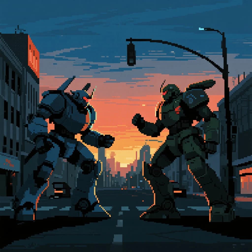Make a cel-shaded mecha duel at dusk downtown.