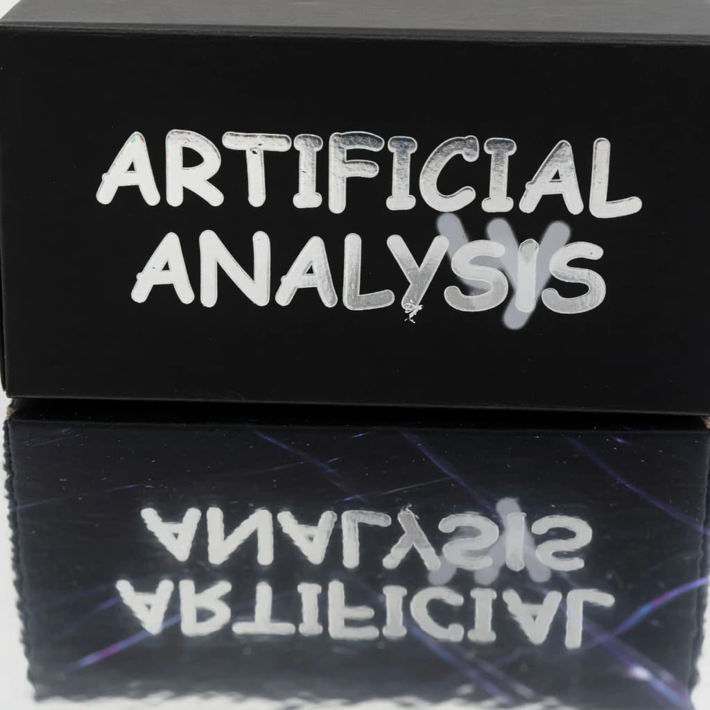 On the black box, silver foil embossing, centered: "Artificial Analysis" in Comic Sans Small Caps, perfectly justified. The letters are crisp, but the “Y” is duplicated faintly, ghosting right. On the box’s reflection, the word order is inverted: ARTIFICIAL ANALYSIS.