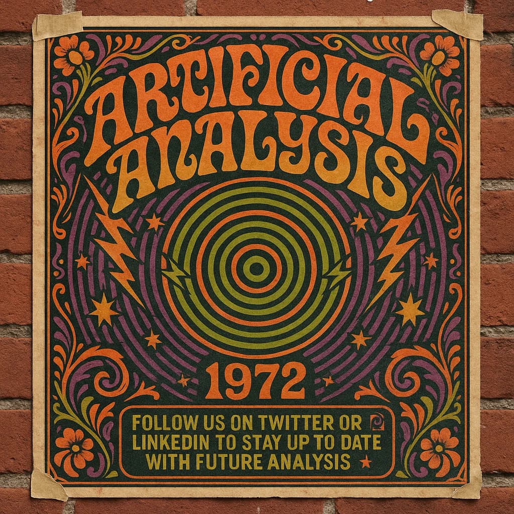 A portrait layout psychedelic concert poster from 1972 bathed in saturated oranges, deep purples, and acid greens. Swirling, hand-drawn typography arcs across the top, spelling out Artificial Analysis in bold, distorted letters that melt into spirals. Surrounded by radiating concentric circles and lightning-bolt motifs. The background is textured with halftone dots and faded paper creases, evoking a well-worn poster taped to a brick wall. Ornate floral borders frame the design, while the bottom features blocky retro lettering listing “Follow us on Twitter or LinkedIn to stay up to date with future analysis” in smaller text. 