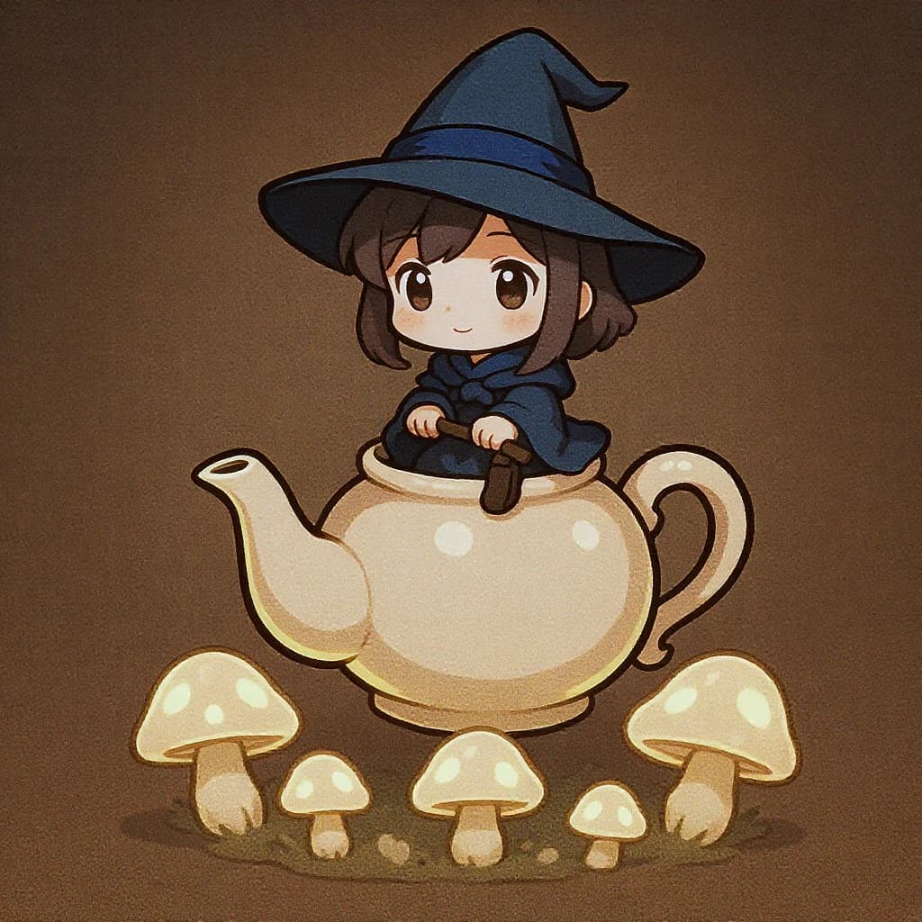 A tiny witch rides a teapot over glowing mushrooms, a bit chibi, thick lines.