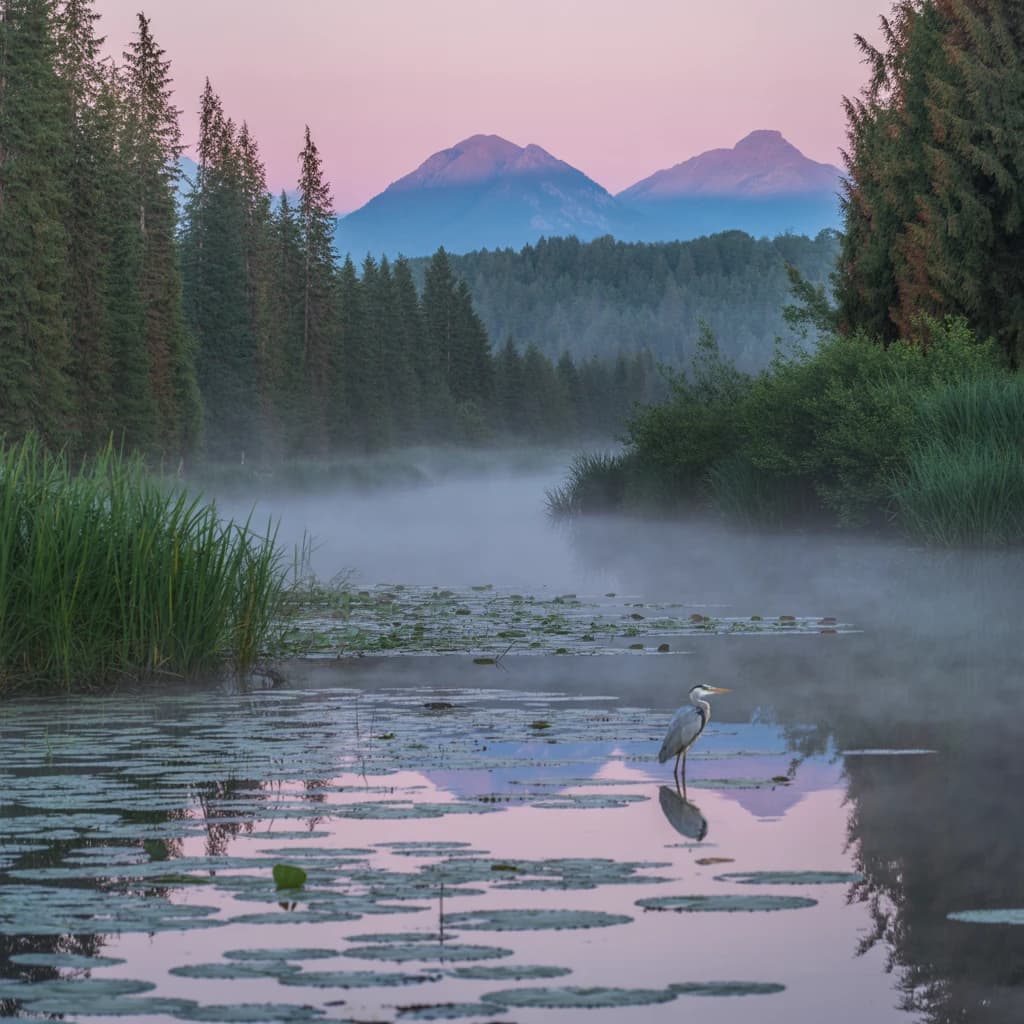 With pre-dawn mist along a cedar forest river and glassy water dotted with lily pads, distant mountains blush pink, and a heron stands still like it forgot what to do next.