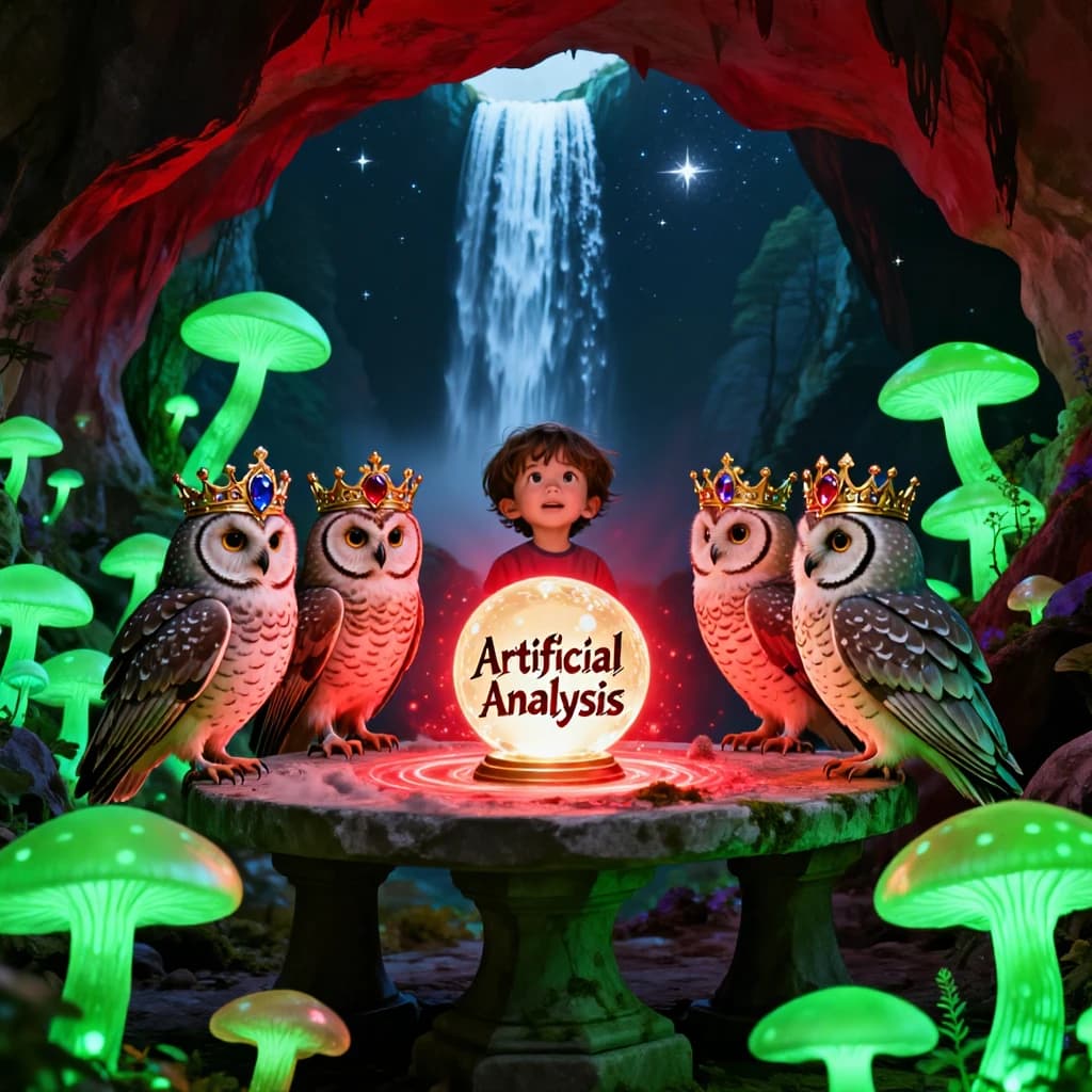 In a cavern lined with bioluminescent fungi glowing lime green, the council of owls wear jeweled crowns that glimmer with rubies, their wings folded behind their backs. Dust coats the stone table, a glowing orb inscribed with “Artificial Analysis” hovers above the table illuminating the owls with its red pulsating light. Behind them, a waterfall falls upward into a ceiling that opens onto stars - a child looks down in wonder from above at what he has stumbled across.