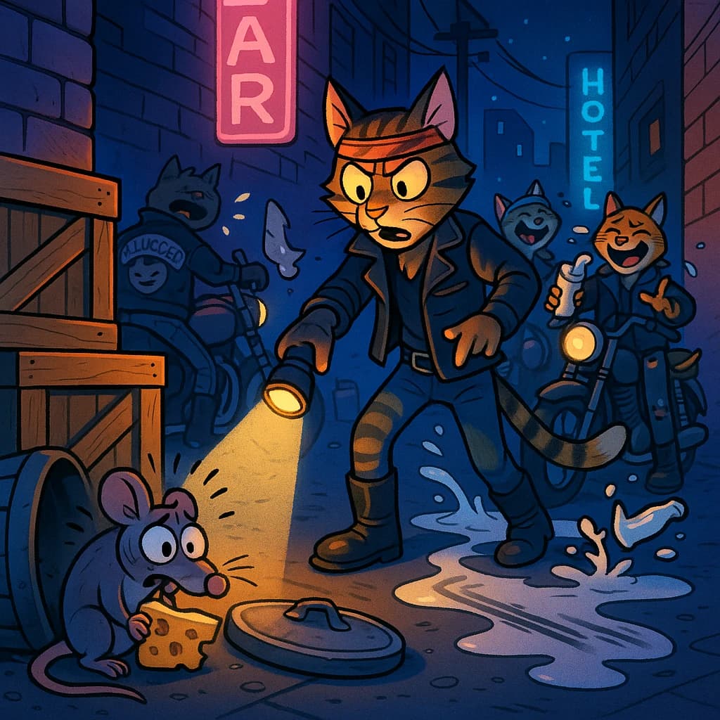 The cartoon rat clenches his thin wedge of cheese and trembles in fear as he hides from the menacing Jellicles, the roaming cat motorcycle gang, all wearing their colors with the name on the back. The cats have all drunk far too much milk and are causing a big ruckus! One cat is close to finding the rat