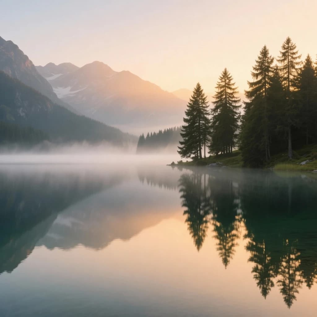 I want a photo of a misty alpine lake at dawn, pines, glassy water, warm light.
