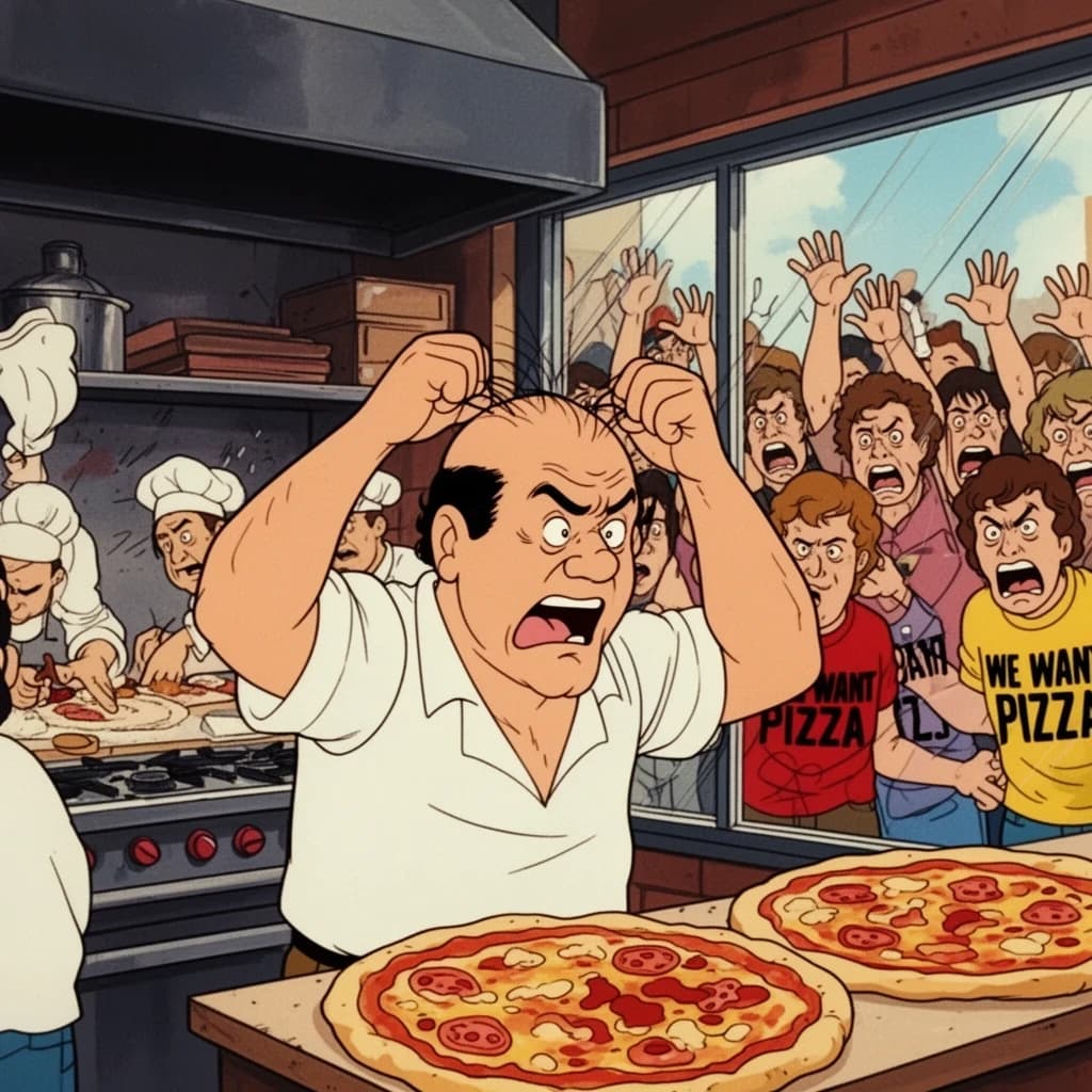 Pasquale is pulling his few remaining hairs out over a disaster at the pizzeria - the cooks are working as fast as they can but the crowds outside are swelling and they demand hot hot pizza! They are banging on the glass and some are wearing "we want pizza" shirts. 1980s western TV animation style.