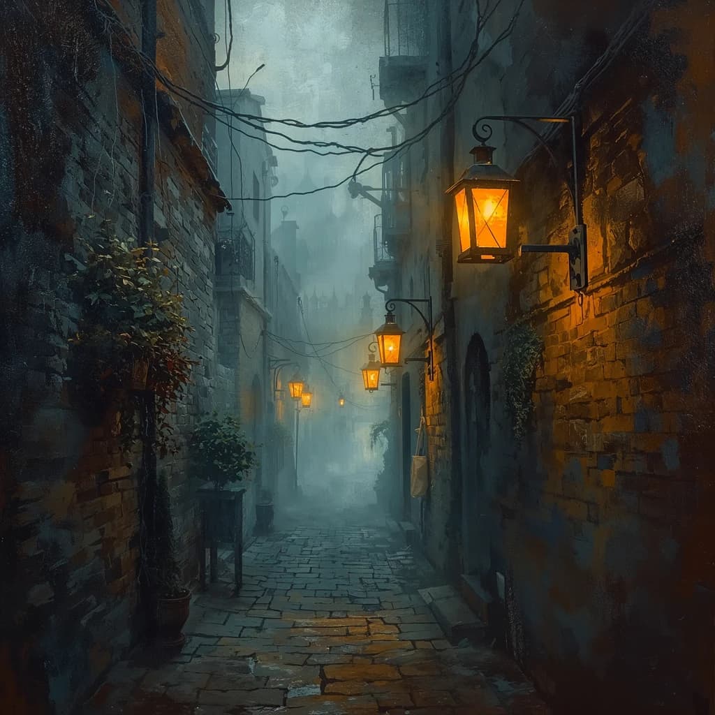 Please create an oil painting of a narrow alley, a bit foggy, glowing lanterns.