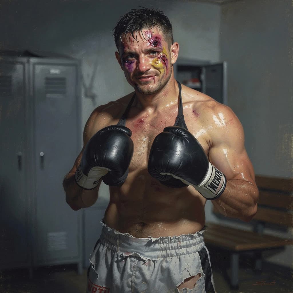 Paint a bruised boxer smiling, serious expression.