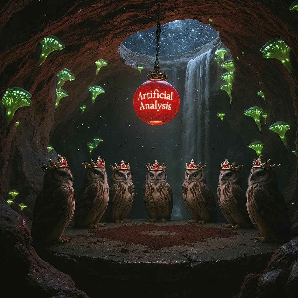 In a cavern lined with bioluminescent fungi glowing lime green, the council of owls wear jeweled crowns that glimmer with rubies, their wings folded behind their backs. Dust coats the stone table, a glowing orb inscribed with “Artificial Analysis” hovers above the table illuminating the owls with its red pulsating light. Behind them, a waterfall falls upward into a ceiling that opens onto stars - a child looks down in wonder from above at what he has stumbled across.