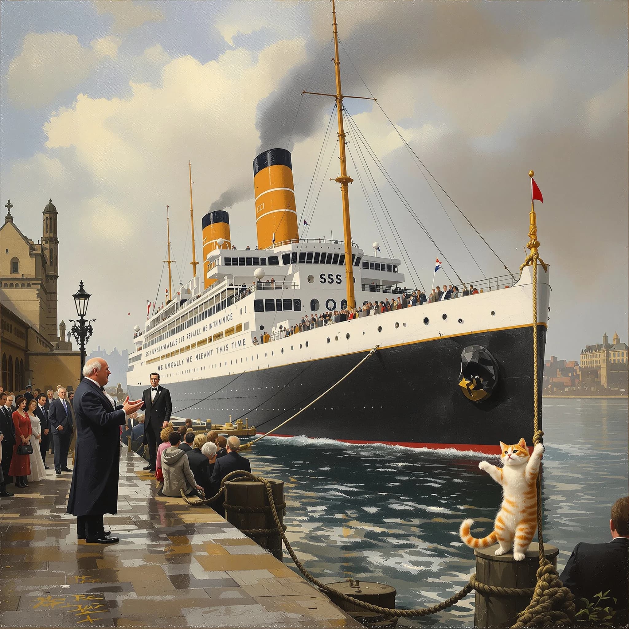 An impressionistic painting of the mighty steamer the "SS Unsinkable We Really Mean It This Time" on a cloudy but bright London morning about to set out on her maiden voyage. A jubilant crowd is gathered on the dock around the paunchy mayor who is making a speech, gesticulating wildly with his hands. The gangways are busy with well heeled ladies and gentlemen making their way onto the ship. A cheeky cat hangs over the water, clinging to the mooring rope after an ill-fated attempt to climb up. The artist has signed his name "Artificial Analysis" in the bottom corner