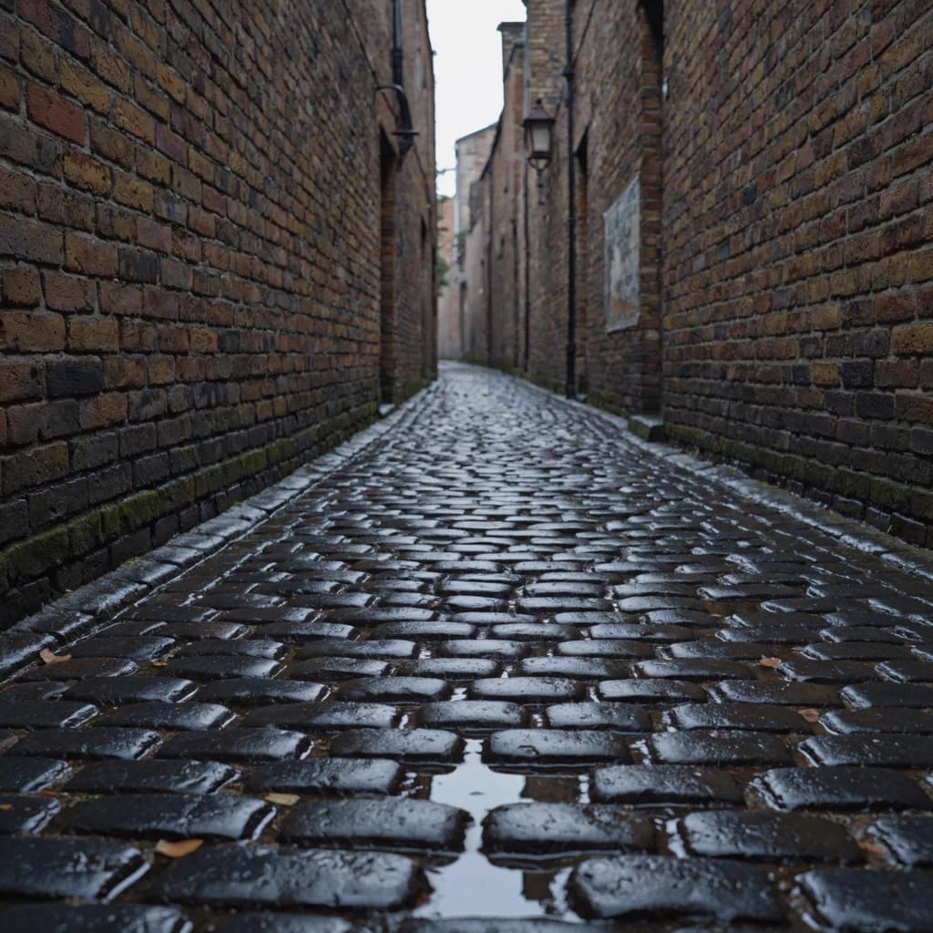 Show a narrow brick alley with wet cobblestones.