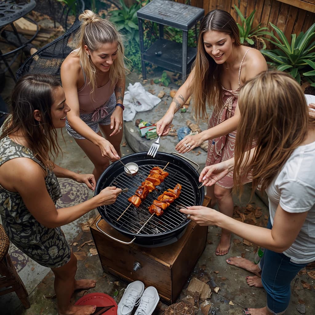 Friends grill skewers on a slightly messy patio.