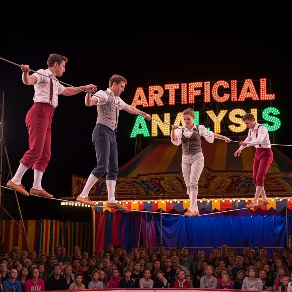 At dusk, high above a carnival crowd, three tightrope walkers balance on a single rope with no aids, one is off balance and grabbing at air. Below, the audience looks upward with baited anticipation. Artificial Analysis is spelled out in the background in carnival lights