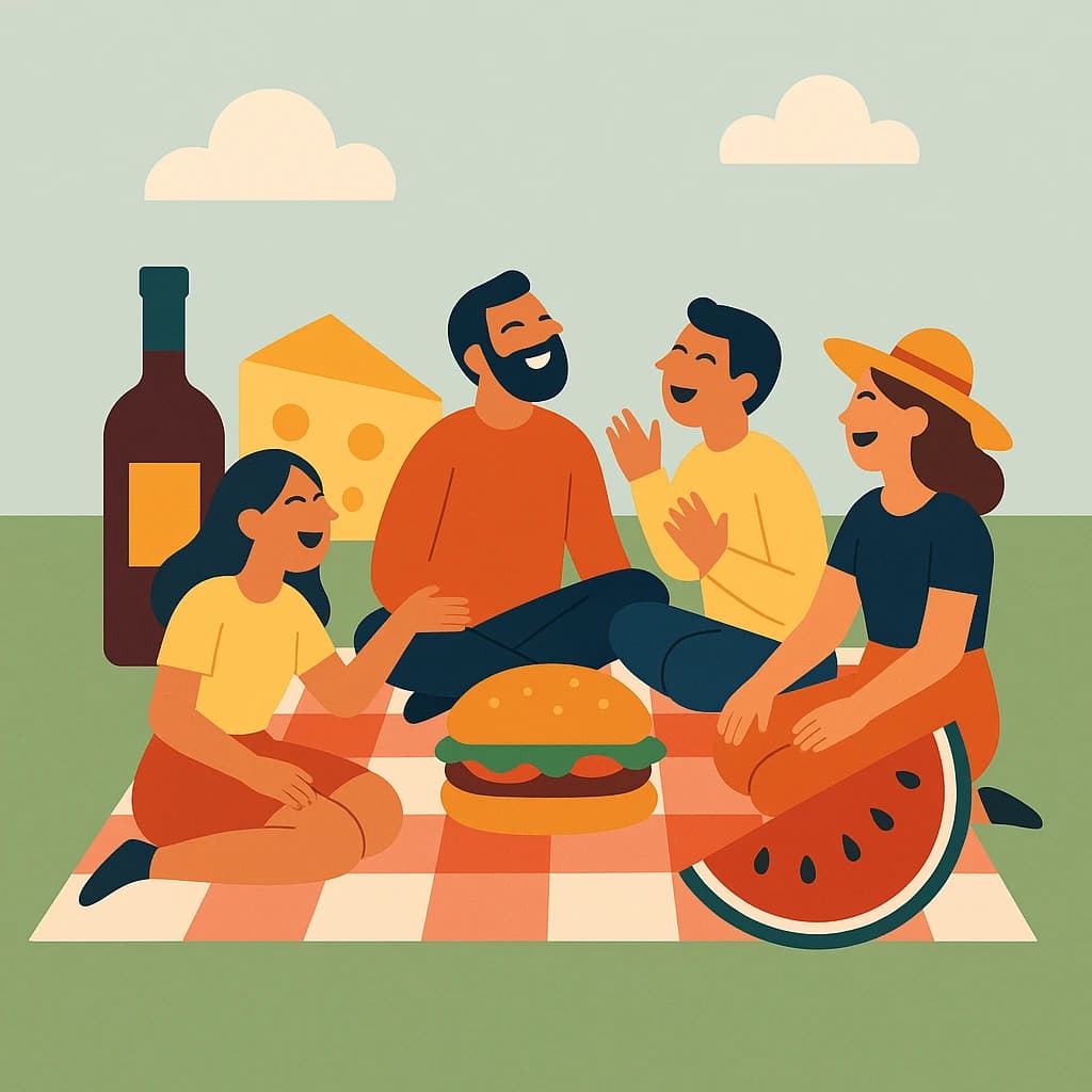 Flat vector picnic scene, friends laughing, oversized food icons, simple shapes.