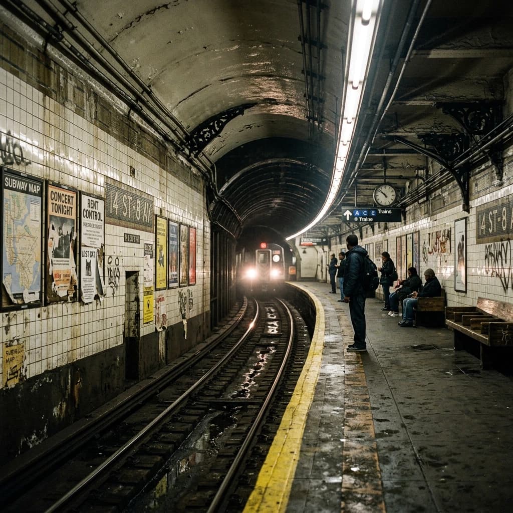 A subterranean subway platform with glossy tiles, peeling posters, flickering fluorescent lights, yellow safety line, and a distant train coming; slightly damp, echoes carry.