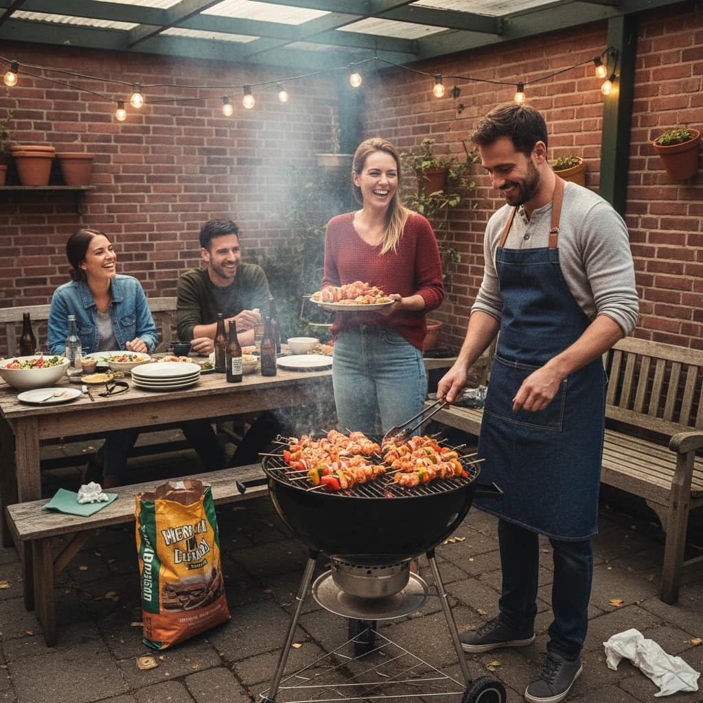 Friends grill skewers on a slightly messy patio.