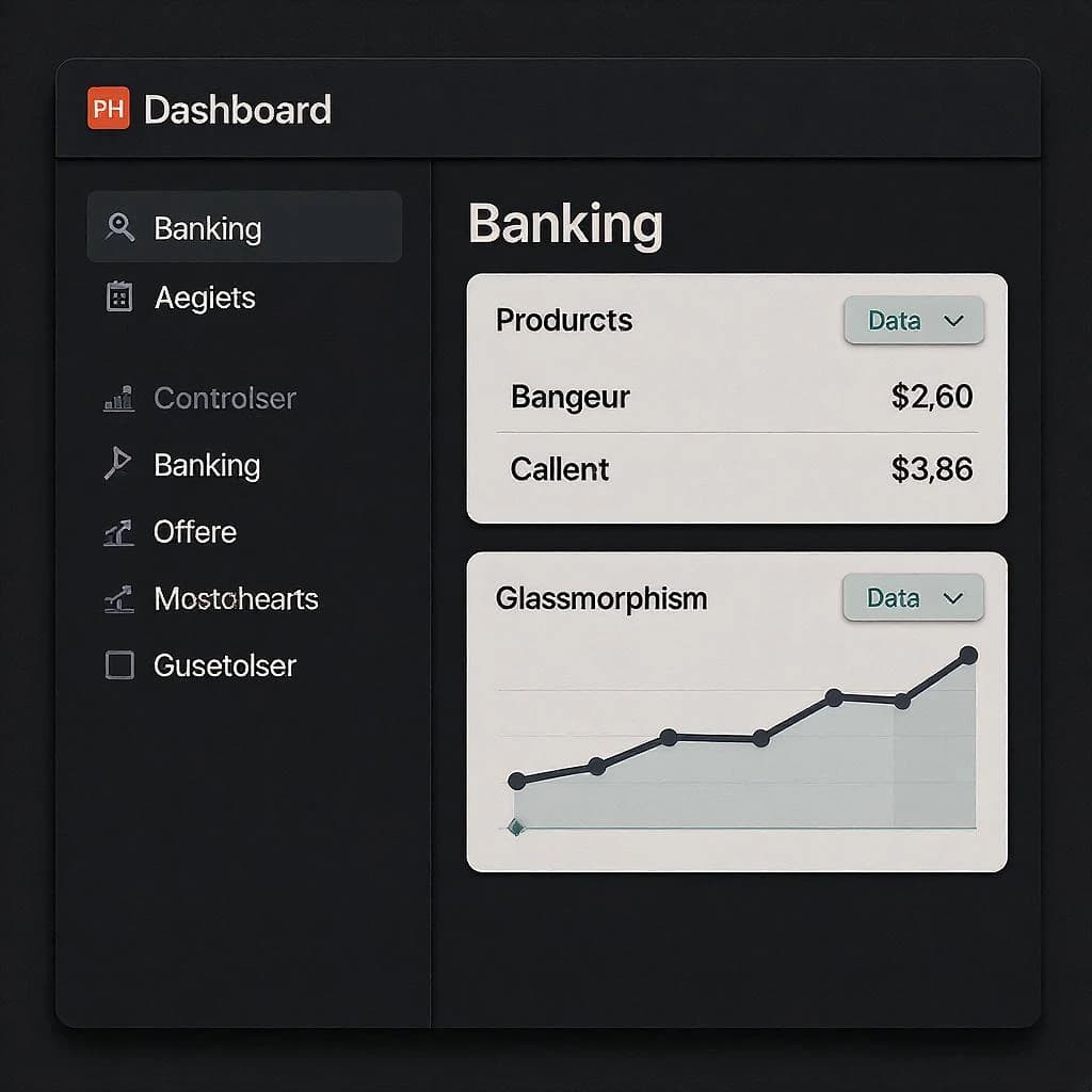 Dark mode banking dashboard with glassmorphism.