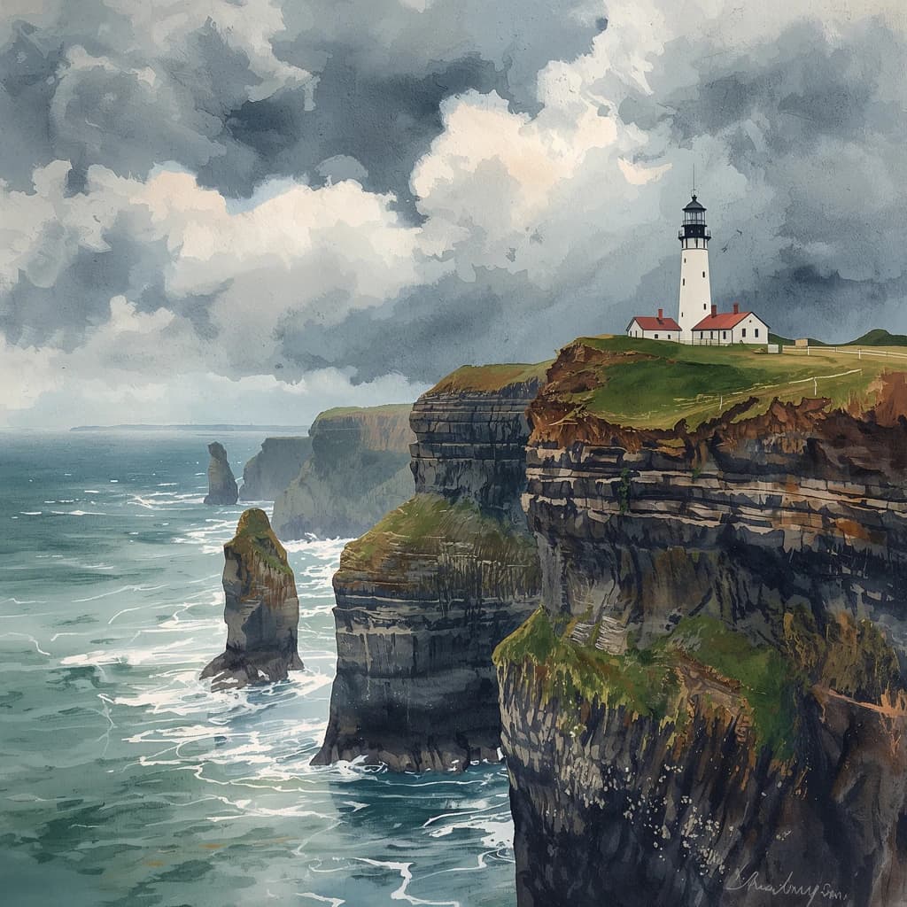 Please paint a watercolor of stormy cliffs and a lighthouse, moody sky.
