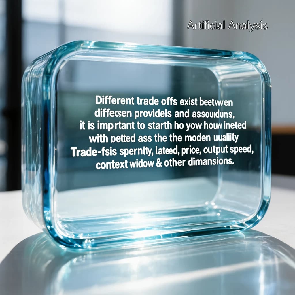 In a clear transparent blue glassy rounded box, etch "Different trade offs exist between different models and providers and as such, it is important to start with how you intend to use the model as the first step. Trade-offs exist currently between model quality, price, output speed, latency, context window & other dimensions. " in sans serif medium weight text. Artificial Analysis is watermarked over the top right 