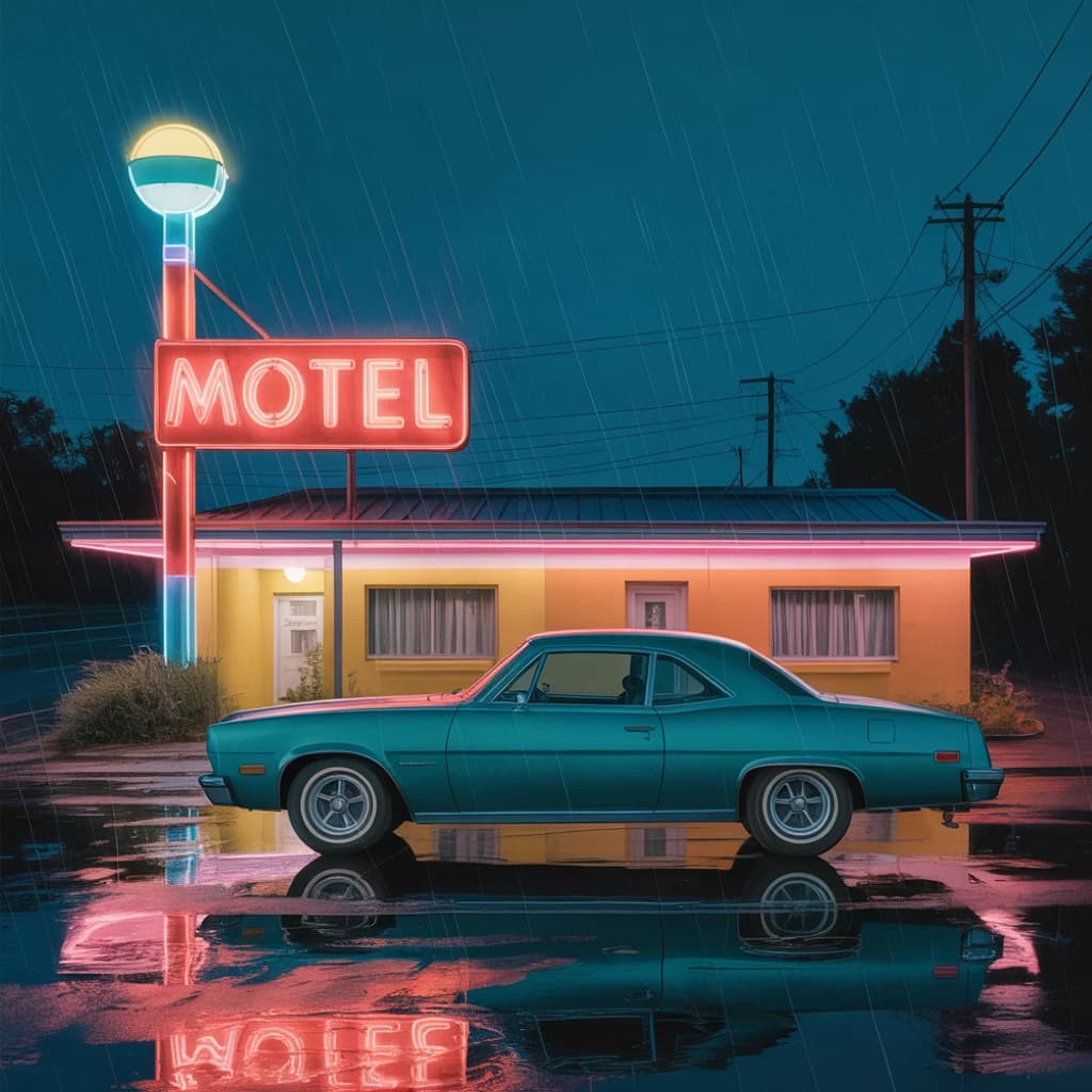 Show an old roadside motel under neon at midnight, rain on asphalt, a teal classic coupe parked; a bit of film grain, slightly faded pastels, halftone print, paper texture.