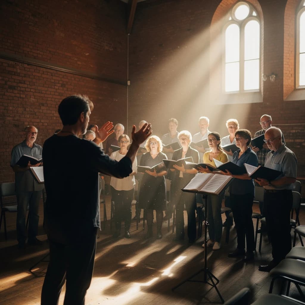 A choir rehearses in a brick hall as somewhat dramatic morning light falls through high windows, with a patient conductor mid-gesture, open scores, intent faces, slight motion blur.