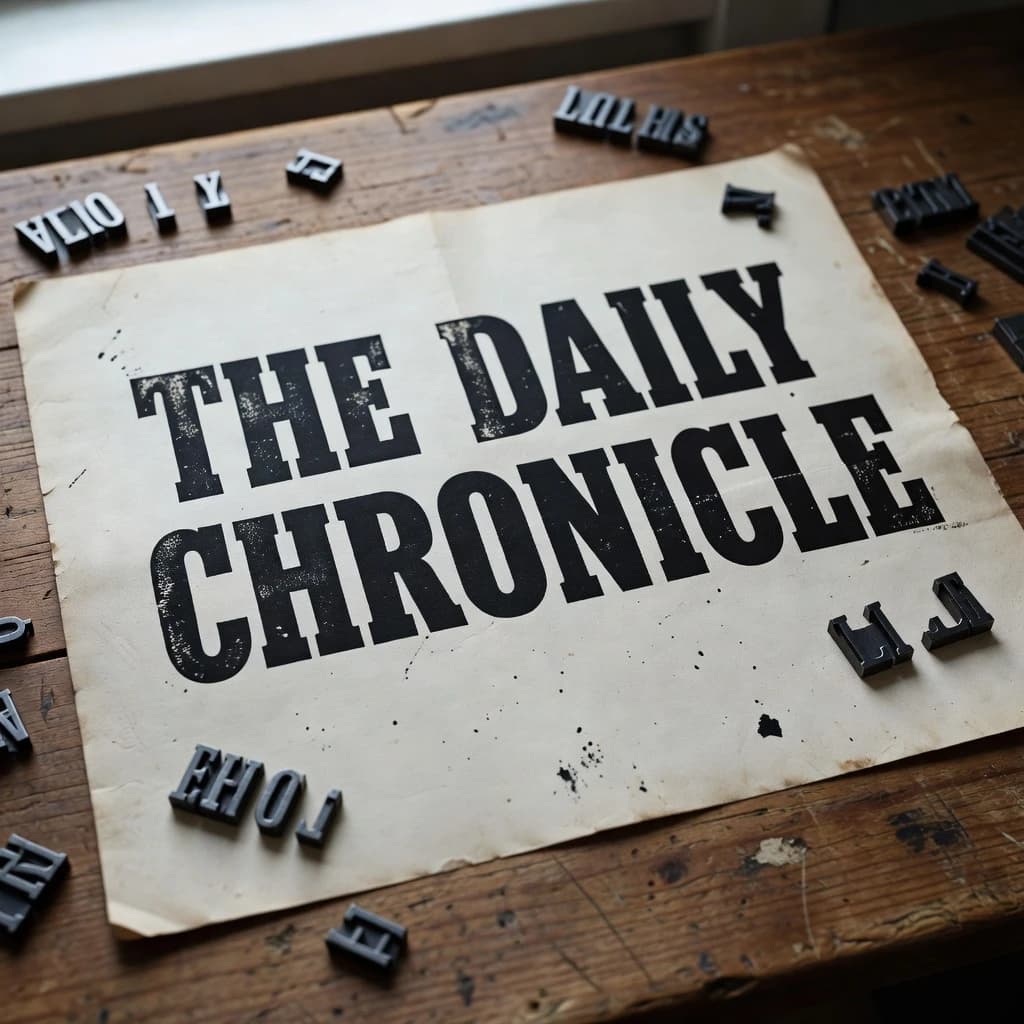 A vintage letterpress poster on a wooden desk: bold slab serif headline, tight kerning, misregistered ink, slightly worn edges, scattered metal type, soft window light.