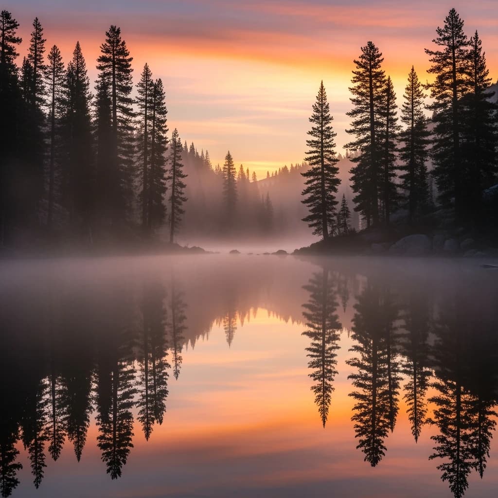 I want a photo of a misty alpine lake at dawn, pines, glassy water, warm light.