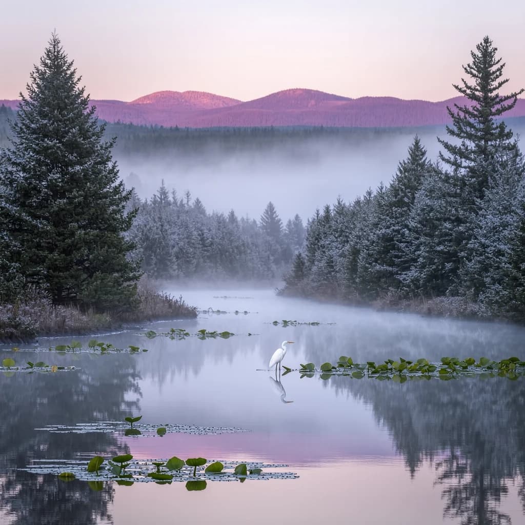 With pre-dawn mist along a cedar forest river and glassy water dotted with lily pads, distant mountains blush pink, and a heron stands still like it forgot what to do next.