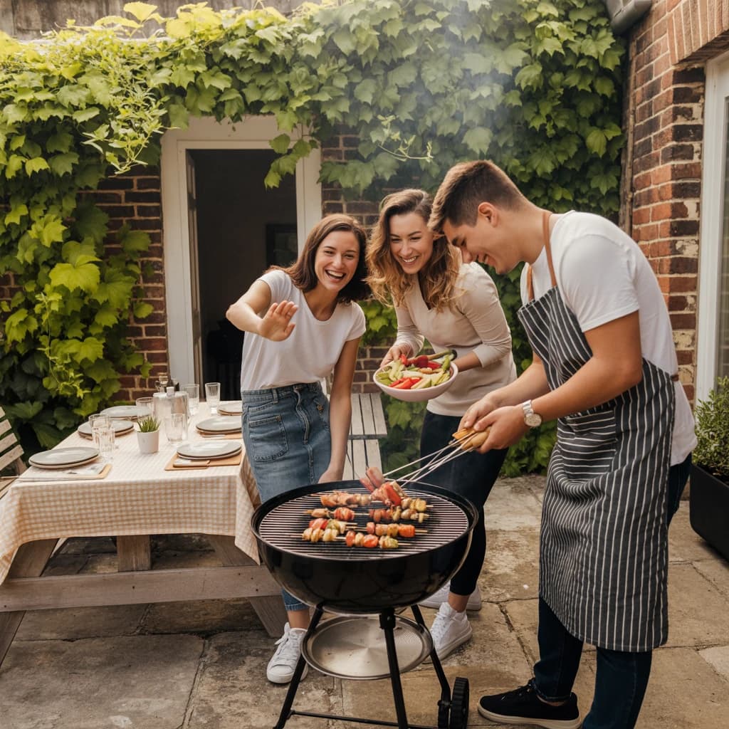 Friends grill skewers on a slightly messy patio.