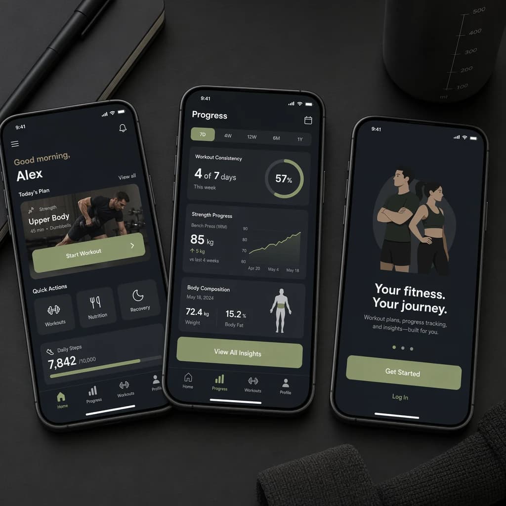 Sleek mobile fitness app screens on a desk: dark mode home, progress dashboard, simple onboarding, clear 8 pt grid, slightly oversized buttons for thumb reach, muted colors.
