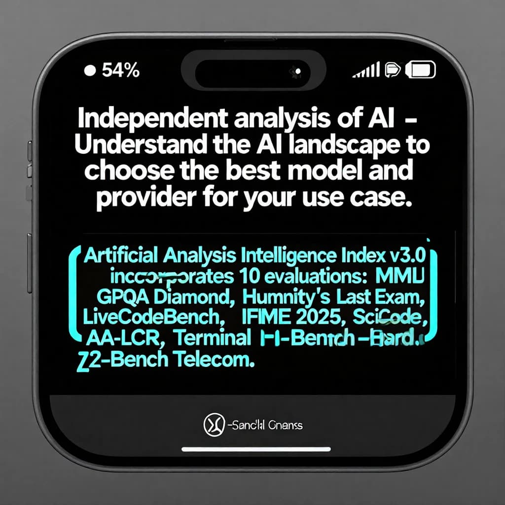 On a black smartphone UI with rounded corners, display a centered text block in white San Francisco font, 16pt: “Independent analysis of AI - Understand the AI landscape to choose the best model and provider for your use case.” Below, in neon cyan, monospace font, smaller size: “Artificial Analysis Intelligence Index v3.0 incorporates 10 evaluations: MMLU-Pro, GPQA Diamond, Humanity's Last Exam, LiveCodeBench, SciCode, AIME 2025, IFBench, AA-LCR, Terminal-Bench Hard, 𝜏²-Bench Telecom.” The second block scrolls horizontally as a ticker. The battery icon in the status bar shows 54%. The Artificial Analysis logo appears faintly, embossed into the bottom navigation bar.