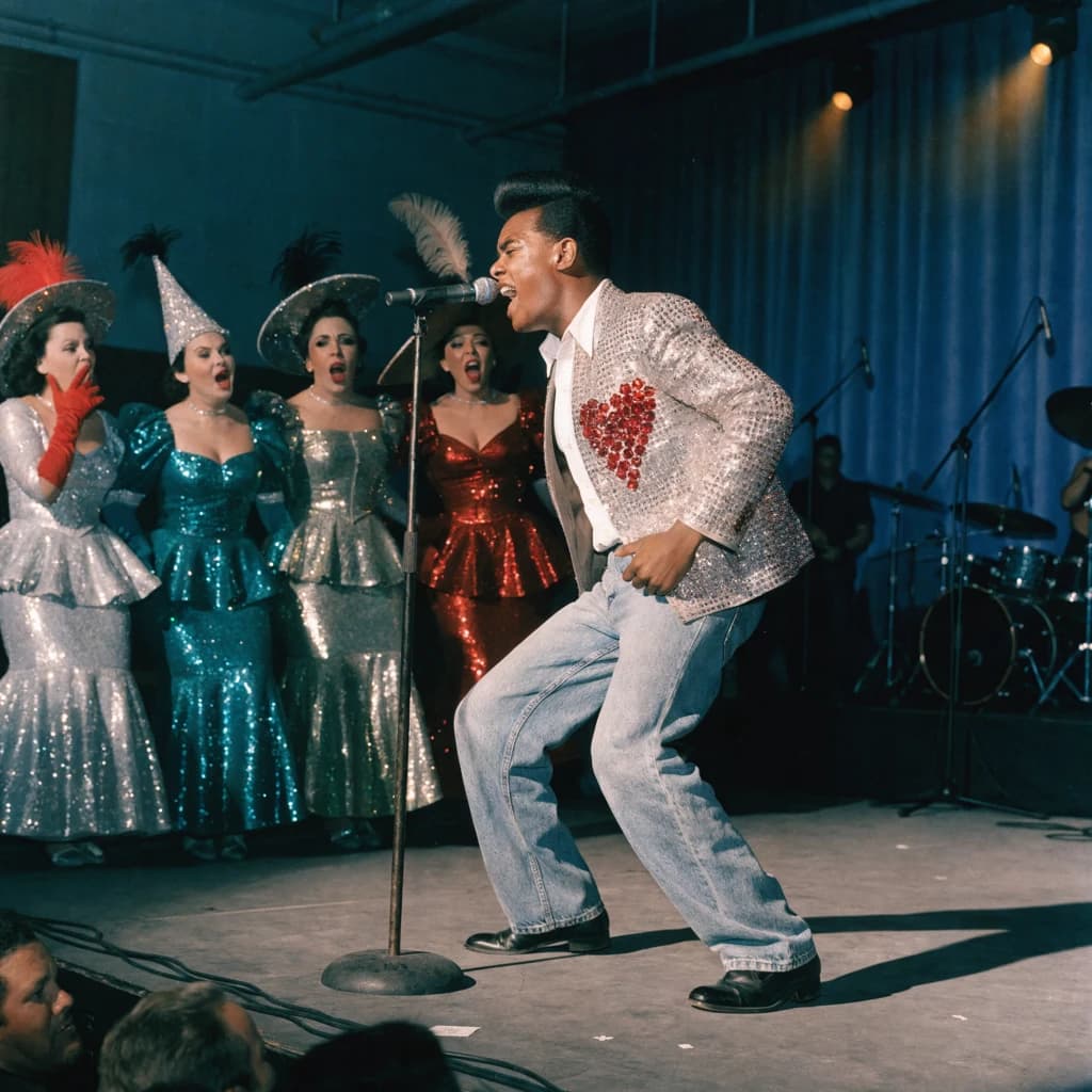 An archival image from 1953 of the rock singer swinging his hips on the stage while glamorous back up singers feign shock at his gyrations! He wears a diamond encrusted jacket with the stones arranged in the shape of a heart