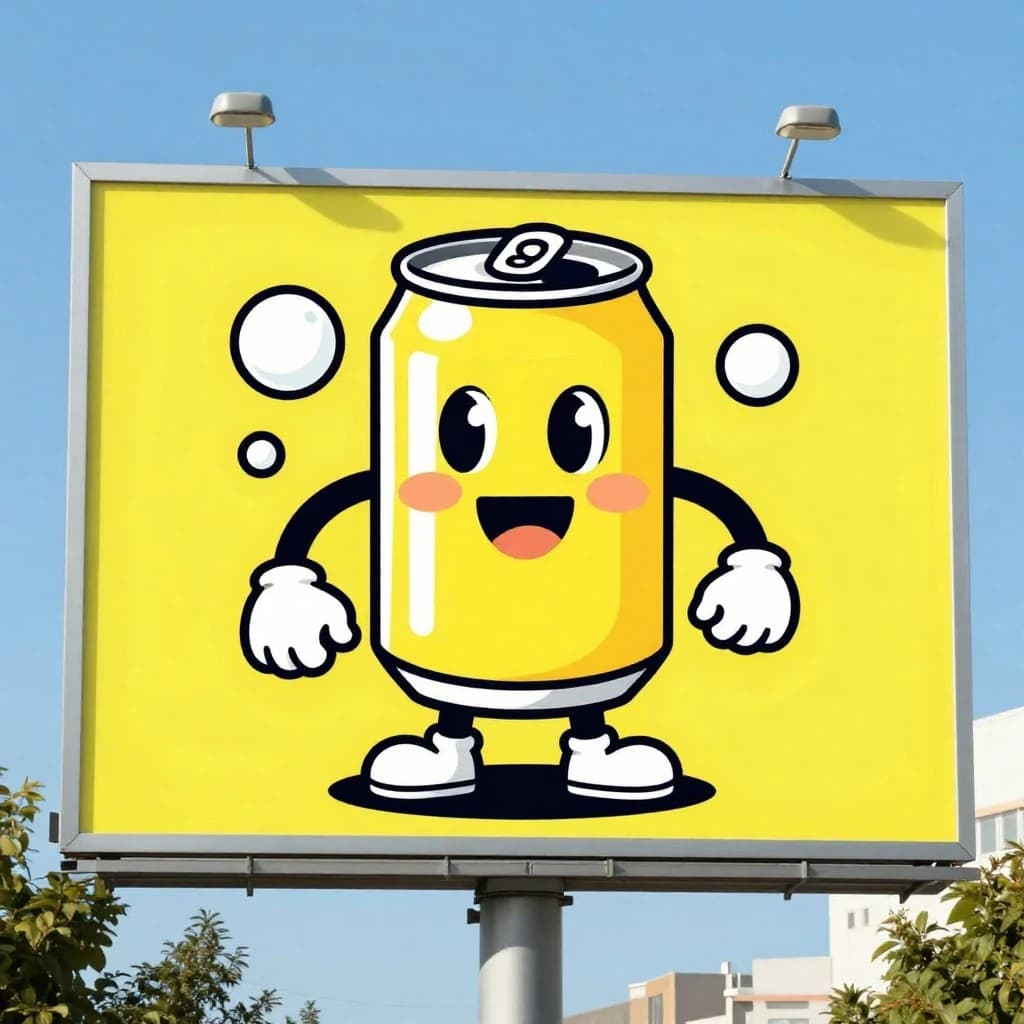 Design a bright soda billboard ad with a bubbly can mascot, thick inky lines.