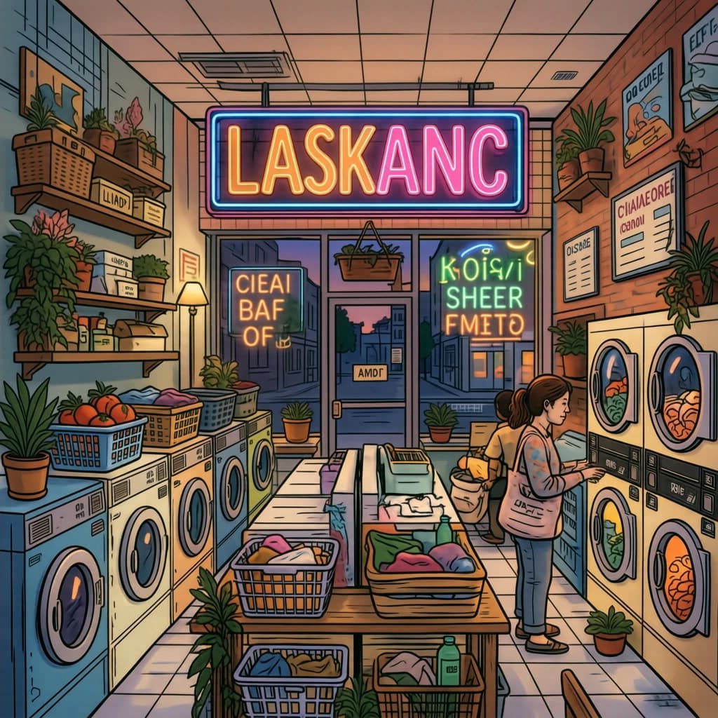 A cozy laundromat at dusk, neon humming, flat colors, bold inked lines.