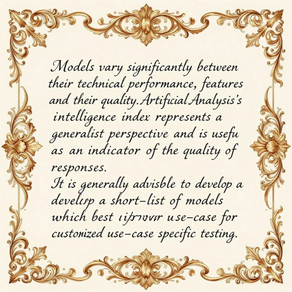 On a flat layout, write in an ornate baroque style "Models vary significantly between their technical performance, features and their quality. Artificial Analysis's intelligence index represents a generalist perspective and is useful as an indicator of the quality of responses. It is generally advisable to develop a short-list of models which best suit your use-case for customized use-case specific testing. "