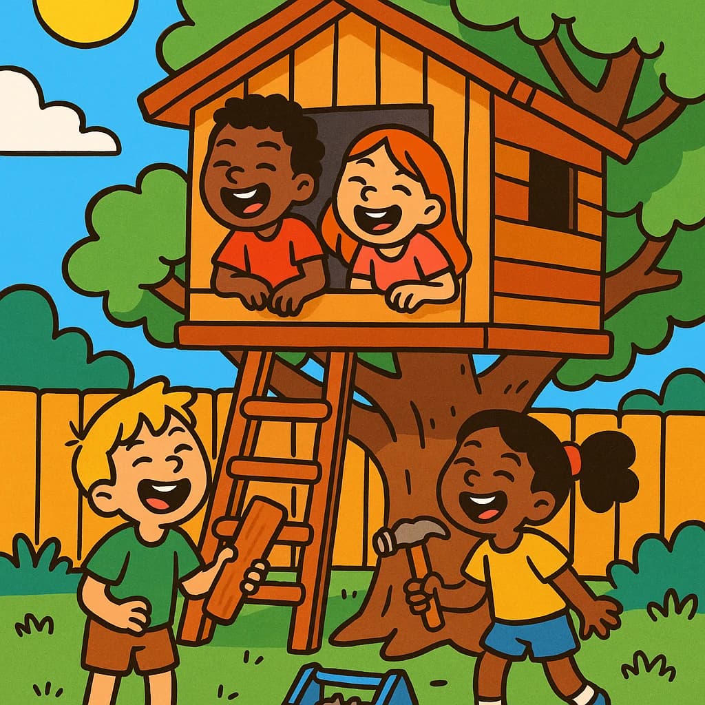 Kids build a backyard treehouse and laugh, bright flat colors, chunky outlines.