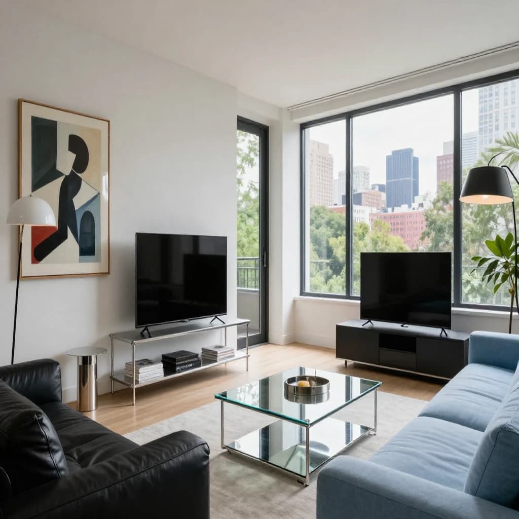 My apartment overlooks Central Park. It’s very luxurious, very expensive, and the furniture is minimal — a black leather couch, a glass coffee table with chrome legs, an Arne Jacobsen floor lamp. A big-screen television set rests on a steel shelving unit. A David Onica painting hangs above the couch. There’s a stainless steel and glass cocktail table. A powder-blue sofa. A thirty-inch digital TV.