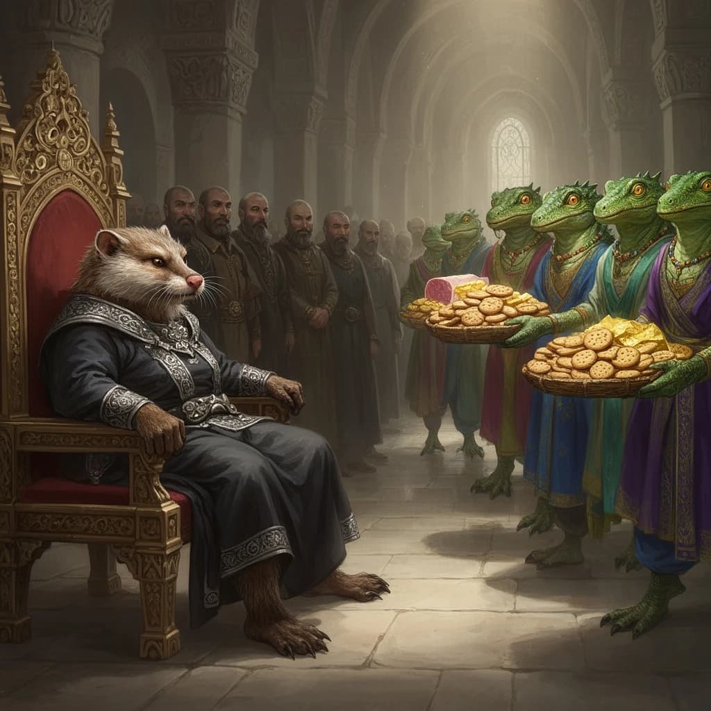 Big Weasel, the tyrannical ruler of the Levitus, slouches on his throne, his mood foul but somewhat brightened by the sight of gifts - a wearisome group of lizard traders adorned in fine silks proceed toward him through the hall with their annual tribute of biscuits, ham and gold - Big Weasel's favourites. Big Weasel's entourage looks on with stern approval.