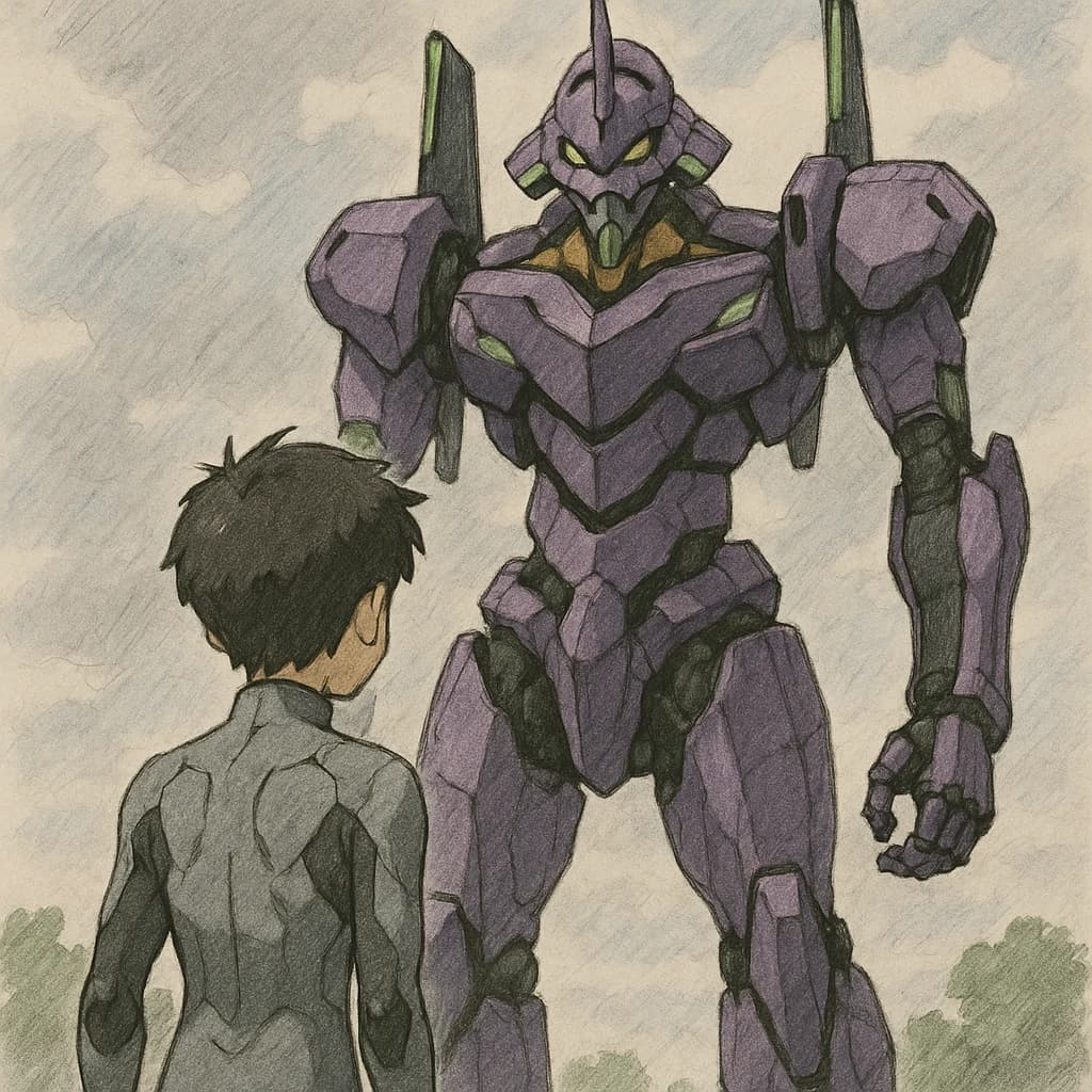Clad in his body suit up to the neck, young Masa nervously approaches the towering mech with his back facing us. He is nervous for his first time in the field. The mech's bright purple colour scheme contrasts with the grey body suit. The scale of the mech dwarfs Masa. Hand drawn style