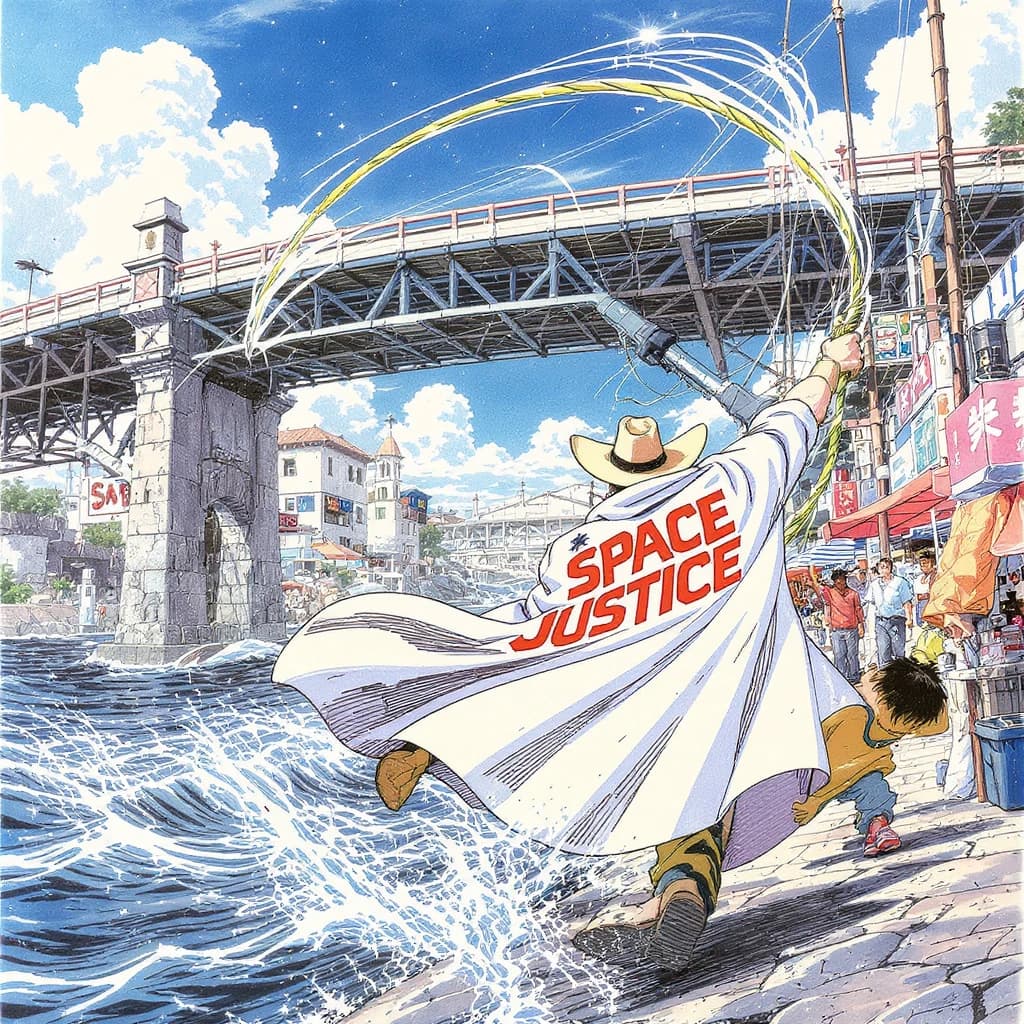 The space cowboy chases the deranged fisherman underneath the causeway, eager to collect on his bounty. Fishing rods and lines hang off the back off the fishermen as he darts between the bustling market crowd. We see the back of the space cowboy in his space poncho emblazoned with the words SPACE JUSTICE, spinning his lasso over his head. A child on the sidelines excitedly cheers the cowboy. 1990s hand drawn anime style with strong fluidity