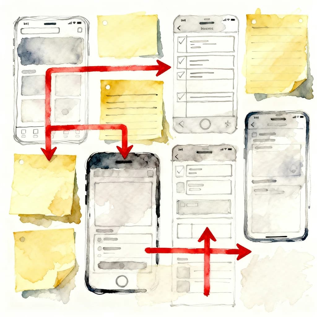 A rough watercolor of hand-drawn app wireframes, sticky notes, and red arrows.