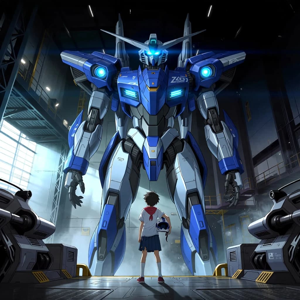 A teenage pilot grips his helmet under one arm, standing at the edge of a glowing hangar bay. Before him looms a sleek, steel-blue mech, its eyes lit with a cold electric glare. His school uniform is rumpled, a sharp contrast to the machine’s flawless plating. The vast scale engulfs him in shadow, emphasizing both awe and dread. Hand-drawn anime style.