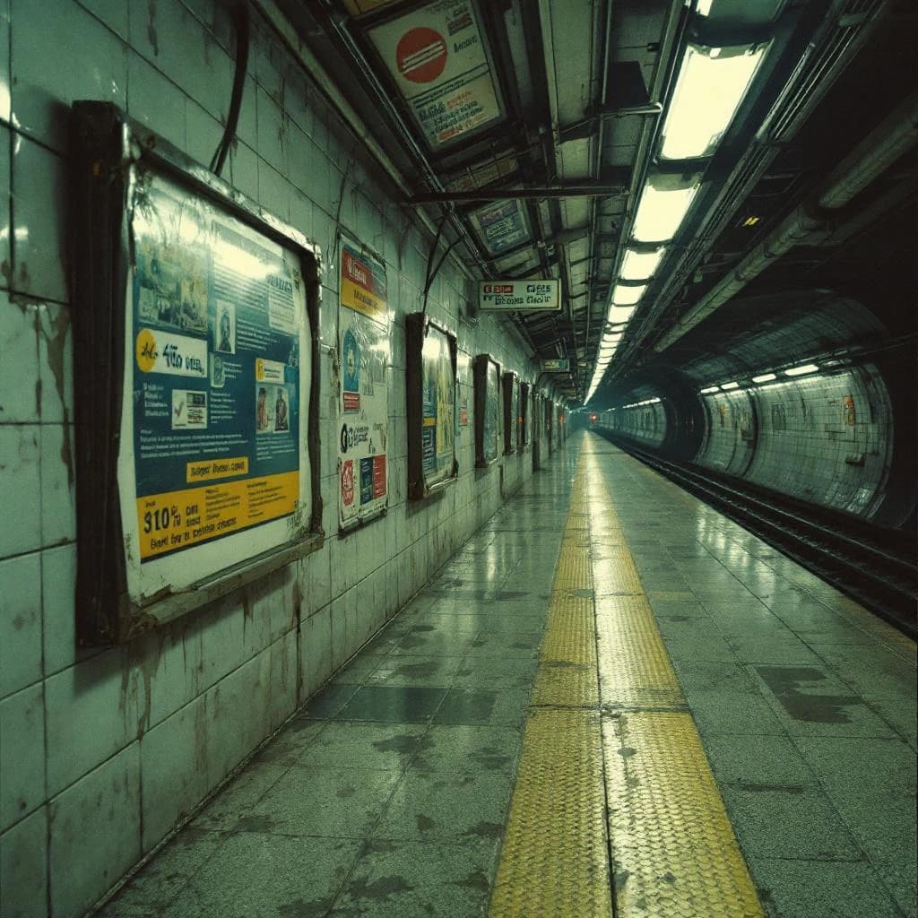 A subterranean subway platform with glossy tiles, peeling posters, flickering fluorescent lights, yellow safety line, and a distant train coming; slightly damp, echoes carry.