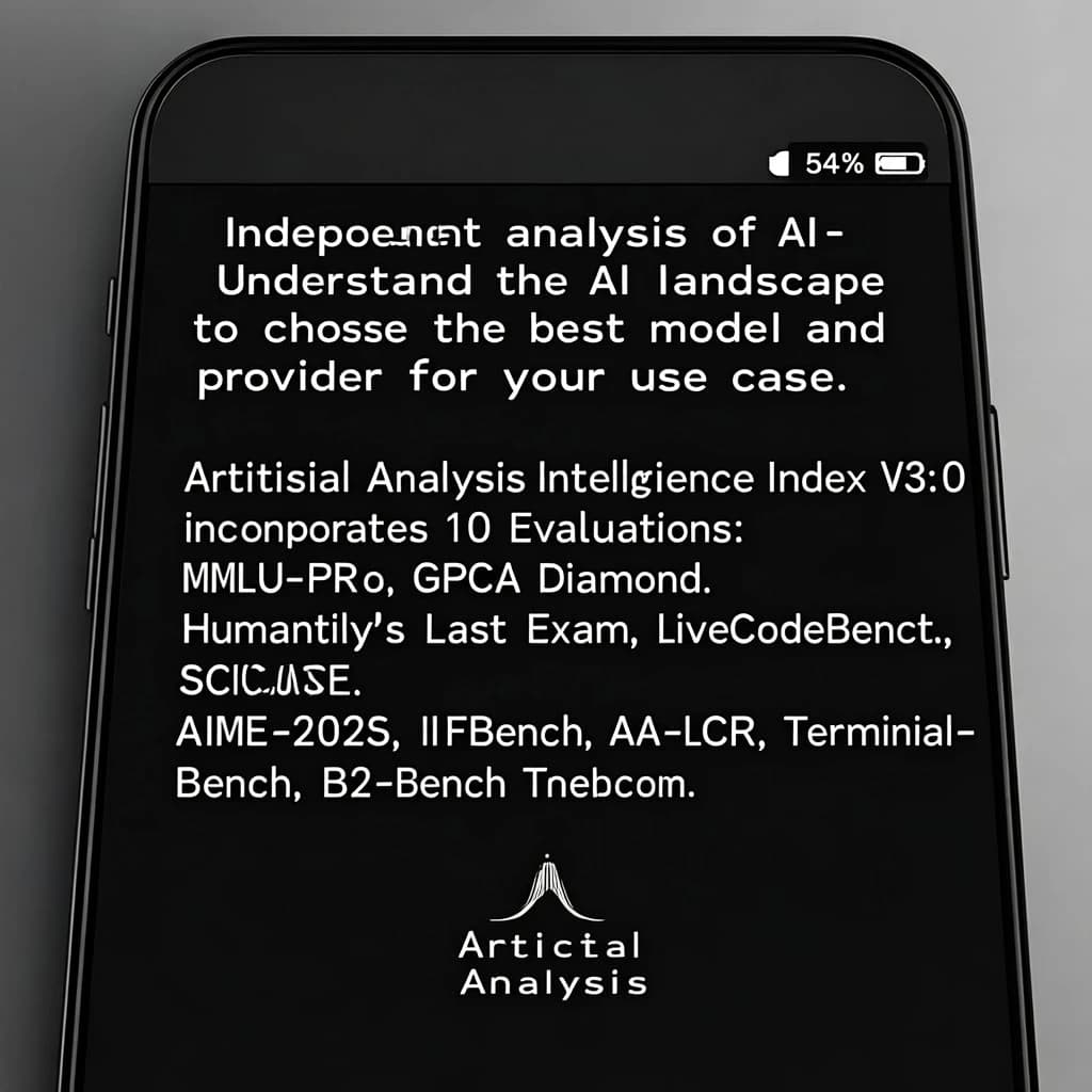On a black smartphone UI with rounded corners, display a centered text block in white San Francisco font, 16pt: “Independent analysis of AI - Understand the AI landscape to choose the best model and provider for your use case.” Below, in neon cyan, monospace font, smaller size: “Artificial Analysis Intelligence Index v3.0 incorporates 10 evaluations: MMLU-Pro, GPQA Diamond, Humanity's Last Exam, LiveCodeBench, SciCode, AIME 2025, IFBench, AA-LCR, Terminal-Bench Hard, 𝜏²-Bench Telecom.” The second block scrolls horizontally as a ticker. The battery icon in the status bar shows 54%. The Artificial Analysis logo appears faintly, embossed into the bottom navigation bar.
