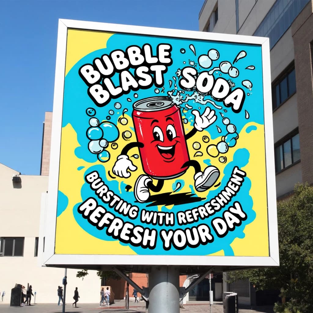 Design a bright soda billboard ad with a bubbly can mascot, thick inky lines.